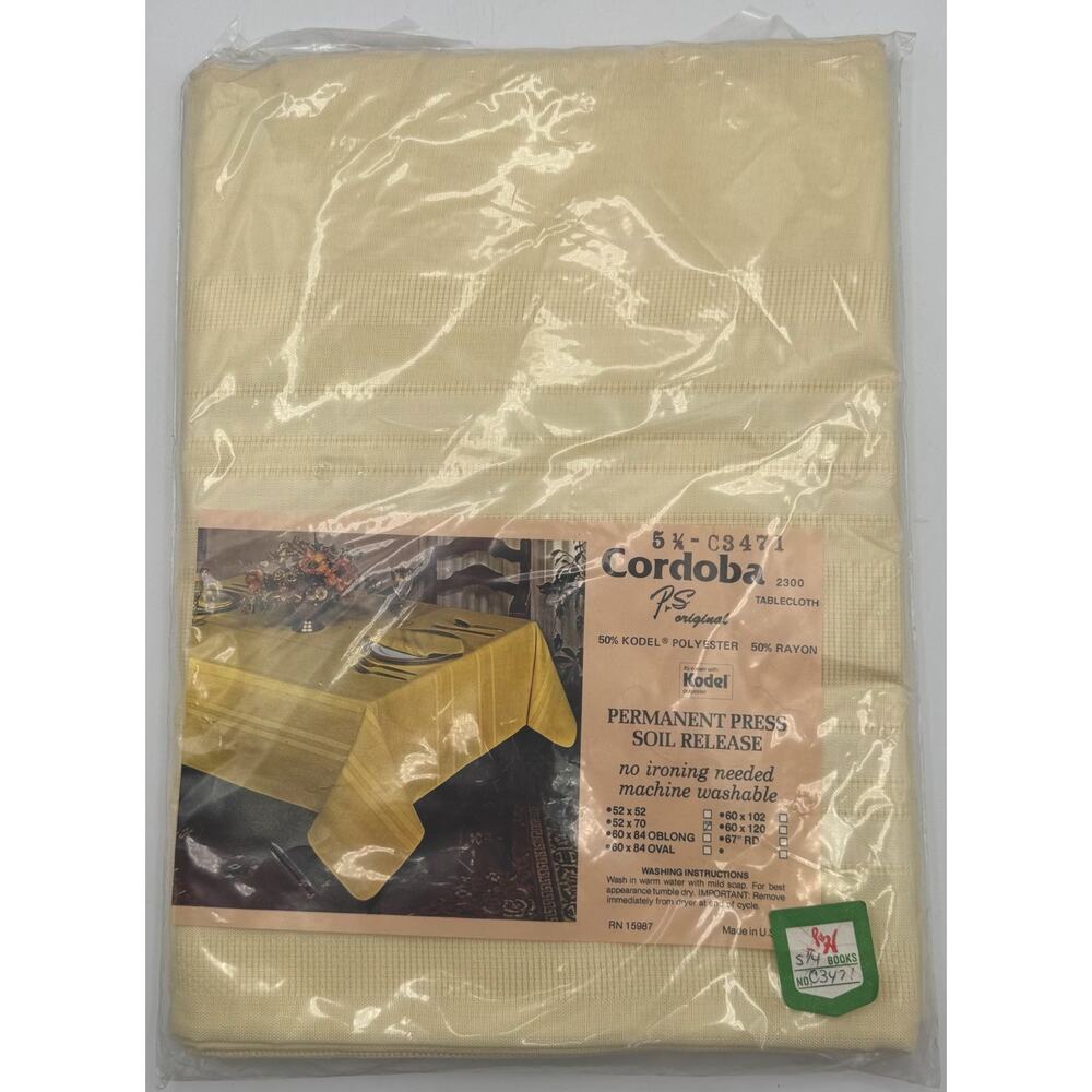Vintage PS Original Cordoba Tablecloth Pale Yellow 60 x 120" Kodel Polyester New